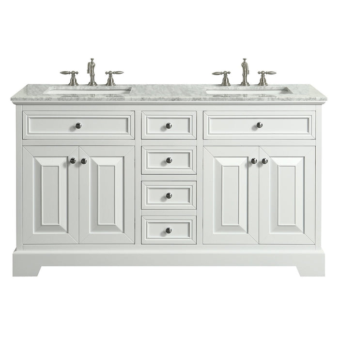 Eviva Monroe 60 in Double Bathroom Vanity with White Carrara Marble Top and White Undermount Porcelain Sinks
