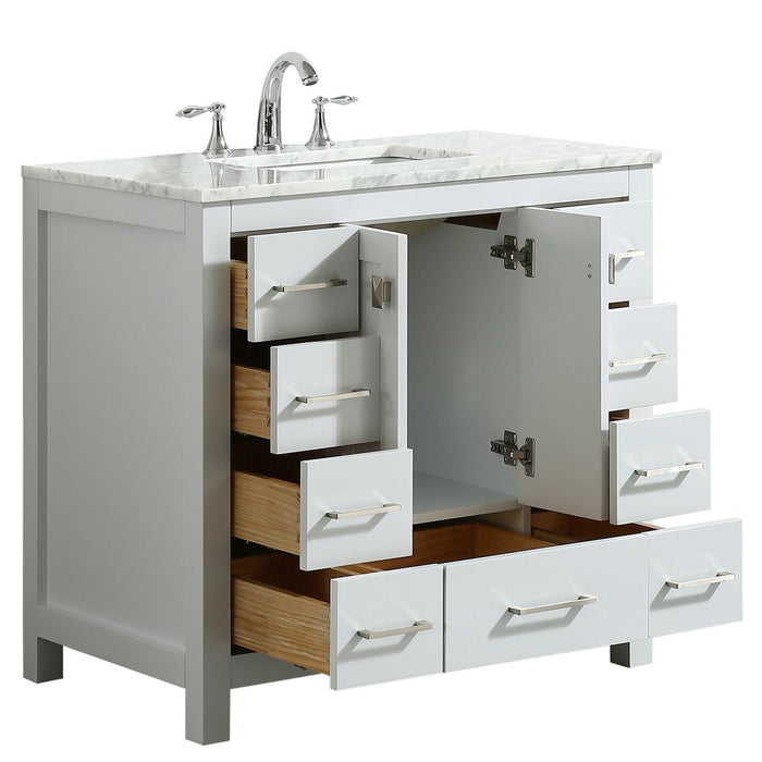 Eviva Hampton 36 in. Transitional Bathroom Vanity with White Carrara Countertop and White Undermount Porcelain Sink