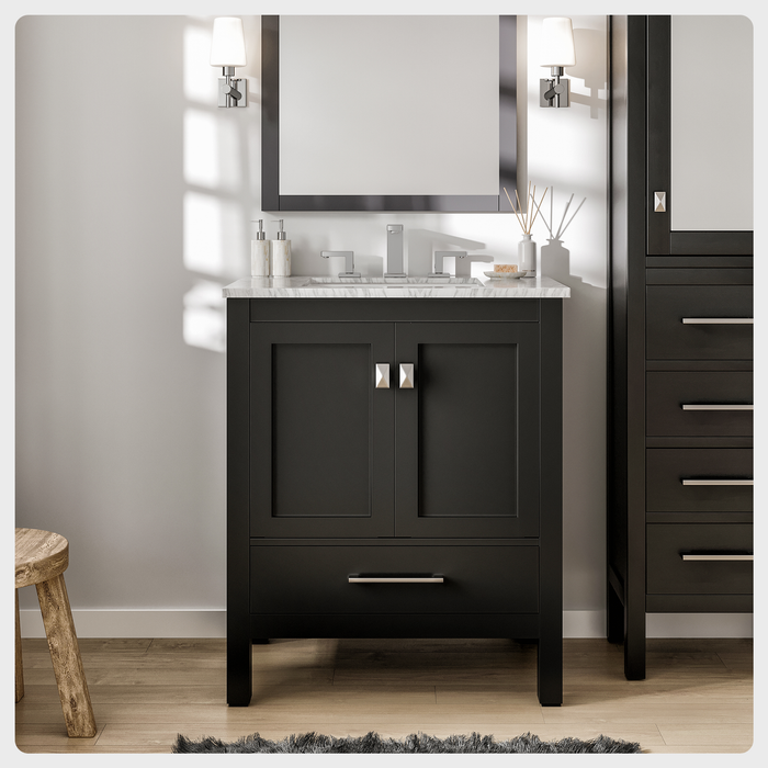 Eviva Aberdeen 24" Transitional Single Bathroom Vanity with White Carrara Marble Countertop and Undermount Porcelain Sink