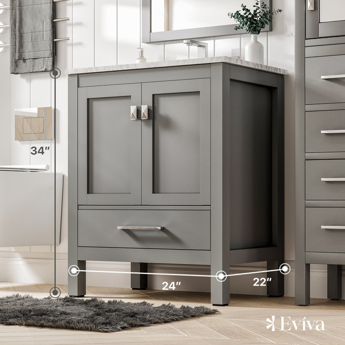Eviva Aberdeen 24" Transitional Single Bathroom Vanity with White Carrara Marble Countertop and Undermount Porcelain Sink