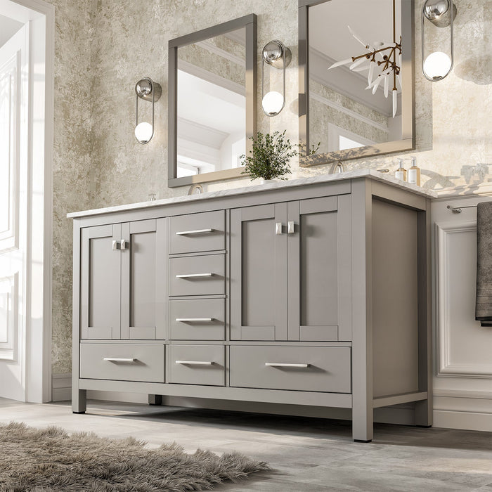Eviva Aberdeen 72" Transitional Double Sink Bathroom Vanity inGray or White Finish with White Carrara Marble Countertop and Undermount Porcelain Sinks