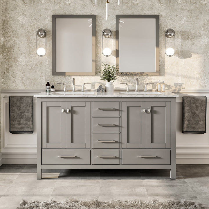 Eviva Aberdeen 72" Transitional Double Sink Bathroom Vanity inGray or White Finish with White Carrara Marble Countertop and Undermount Porcelain Sinks