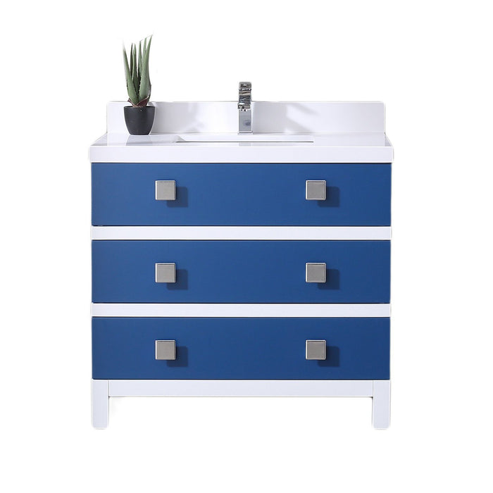 Eviva Sydney 36 Inch Blue and White Bathroom Vanity with Solid Quartz Counter-top