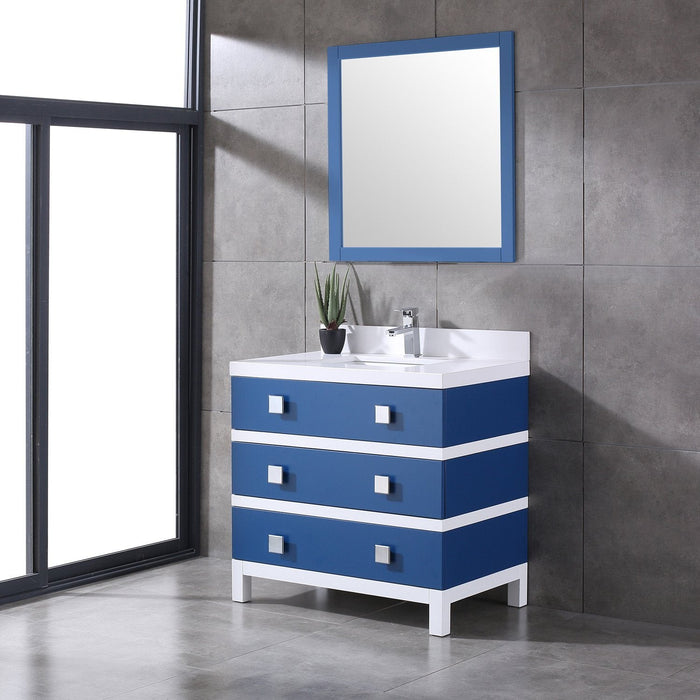 Eviva Sydney 36 Inch Blue and White Bathroom Vanity with Solid Quartz Counter-top