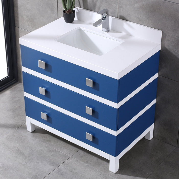 Eviva Sydney 36 Inch Blue and White Bathroom Vanity with Solid Quartz Counter-top