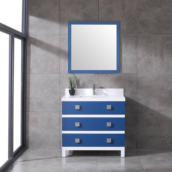 Eviva Sydney 36 Inch Blue and White Bathroom Vanity with Solid Quartz Counter-top