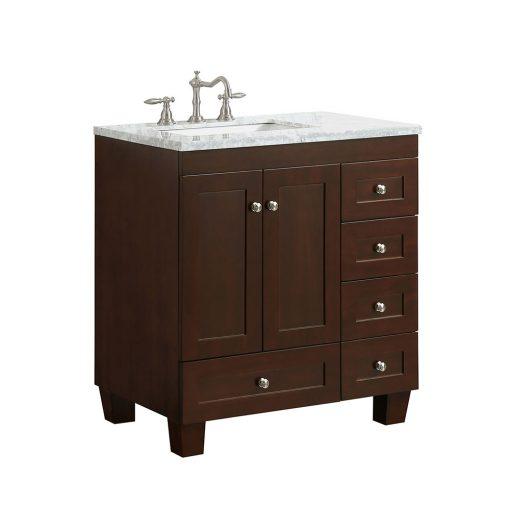 Eviva Acclaim C. 30" Transitional Espresso Bathroom Vanity with white carrera marble counter-top