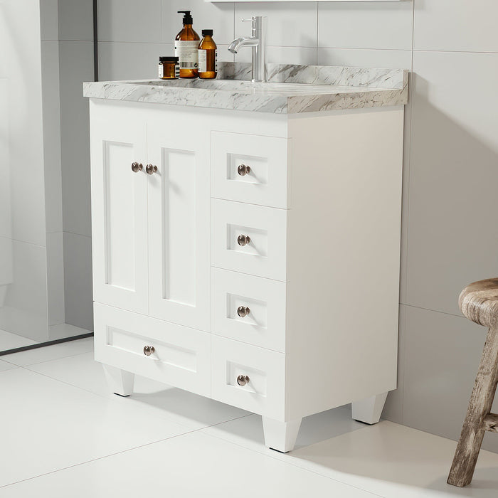 Eviva Acclaim 28" Transitional Bathroom Vanity in Espresso, Gray or White Finish with White Carrara Marble Countertop and Undermount Porcelain Sink