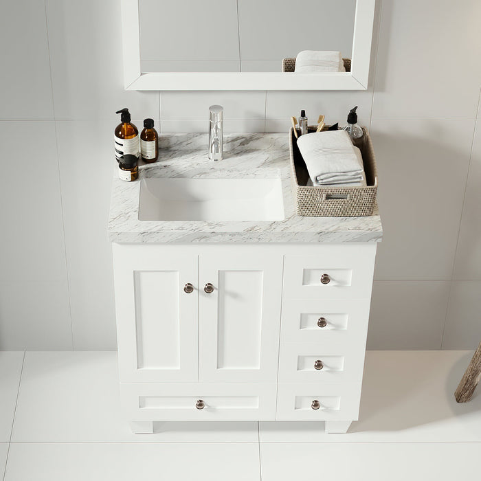 Eviva Acclaim 28" Transitional Bathroom Vanity in Espresso, Gray or White Finish with White Carrara Marble Countertop and Undermount Porcelain Sink