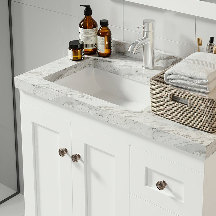 Eviva Acclaim 28" Transitional Bathroom Vanity in Espresso, Gray or White Finish with White Carrara Marble Countertop and Undermount Porcelain Sink