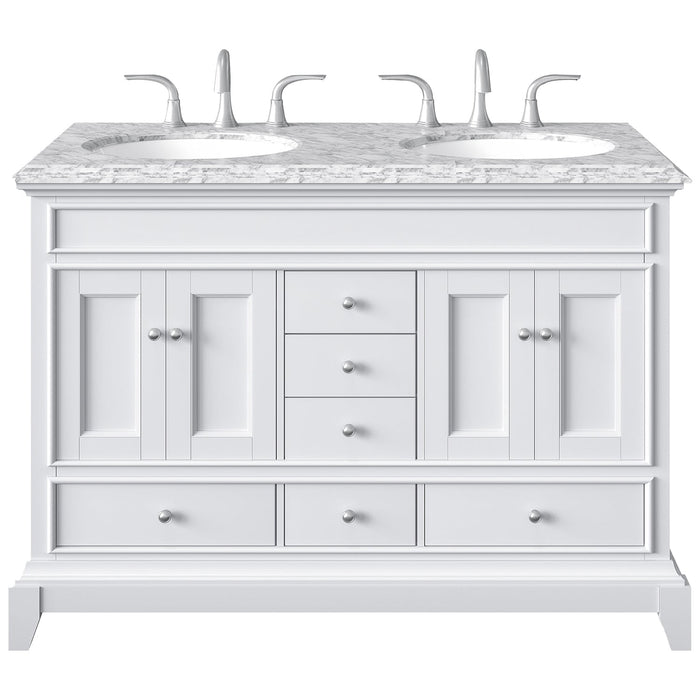 Eviva Elite Stamford 48" Bathroom Vanity in White Finish with Double Ogee Edge White Carrara Countertop and Undermount Porcelain Sink