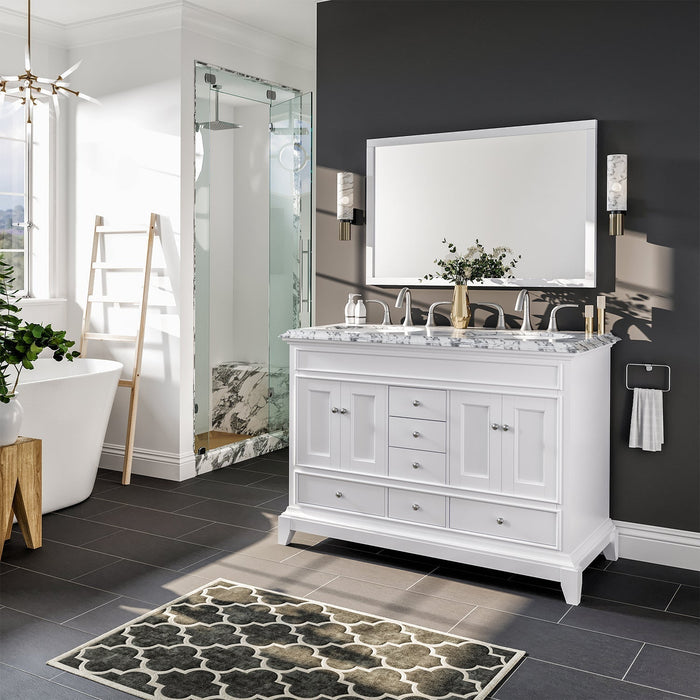 Eviva Elite Stamford 48" Bathroom Vanity in White Finish with Double Ogee Edge White Carrara Countertop and Undermount Porcelain Sink