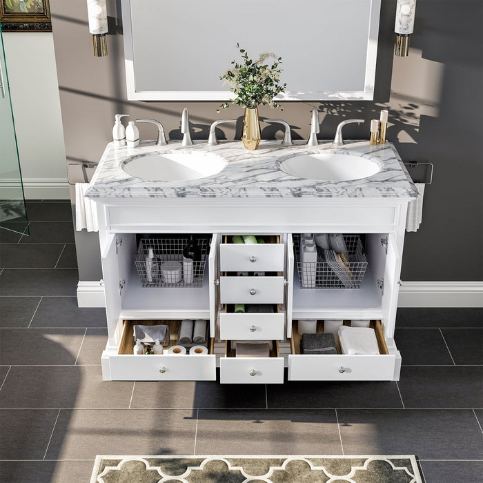 Eviva Elite Stamford 48" Bathroom Vanity in White Finish with Double Ogee Edge White Carrara Countertop and Undermount Porcelain Sink