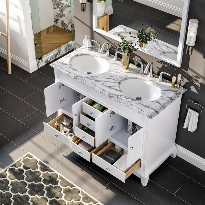 Eviva Elite Stamford 48" Bathroom Vanity in White Finish with Double Ogee Edge White Carrara Countertop and Undermount Porcelain Sink