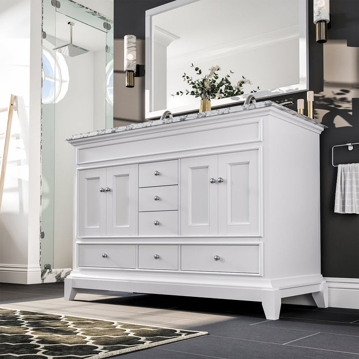 Eviva Elite Stamford 48" Bathroom Vanity in White Finish with Double Ogee Edge White Carrara Countertop and Undermount Porcelain Sink
