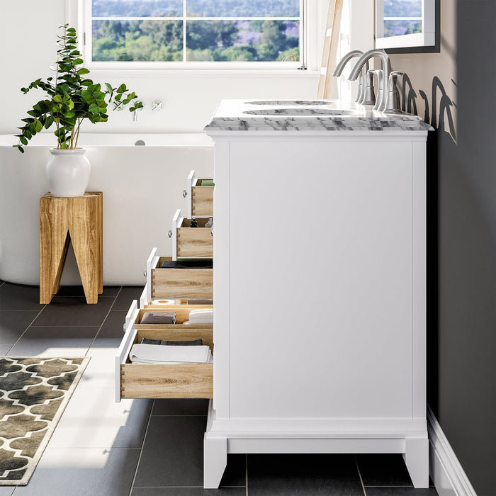 Eviva Elite Stamford 48" Bathroom Vanity in White Finish with Double Ogee Edge White Carrara Countertop and Undermount Porcelain Sink