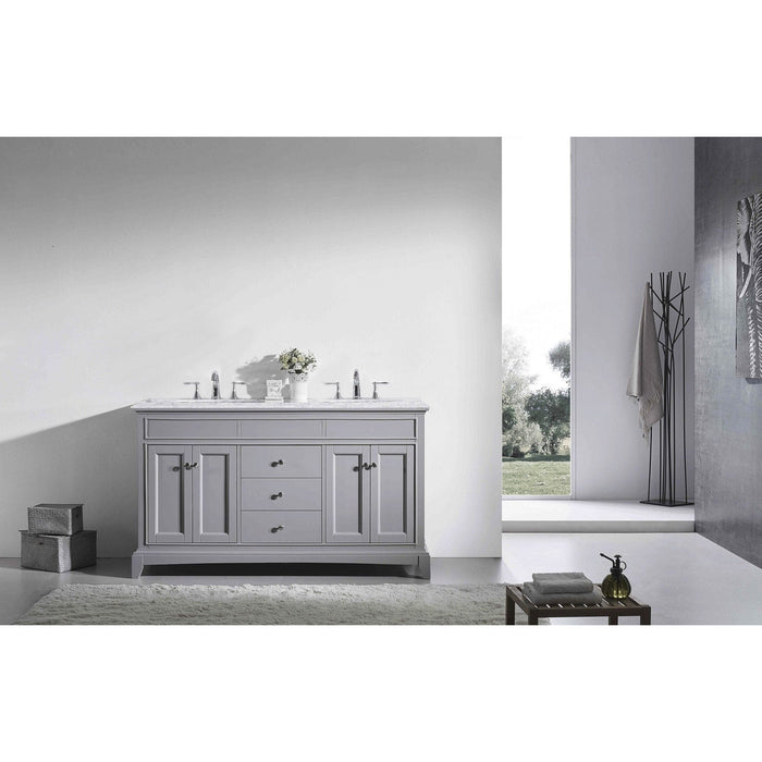 Eviva Elite Stamford 60" Solid Wood Bathroom Vanity Set with Double OG White Carrera Marble Top & White Undermount Porcelain Sinks