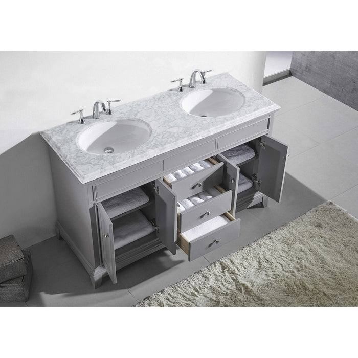 Eviva Elite Stamford 72" Solid Wood Bathroom Vanity Set with Double OG White Carrera Marble Top & White Undermount Porcelain Sinks