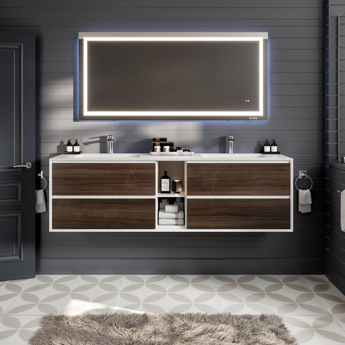 Eviva Vienna 75" Wall Mount Double Sink Bathroom Vanity in Ash w/ White Frame, Cement Gray w/ White Frame, or Gray Oak w/ White Frame Finish with White Integrated Acrylic Top