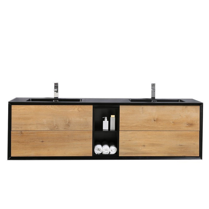 Eviva Vienna 75" Wall Mount Double Sink Bathroom Vanity in White Oak w/ Black Frame Finish with Black Integrated Acrylic Top