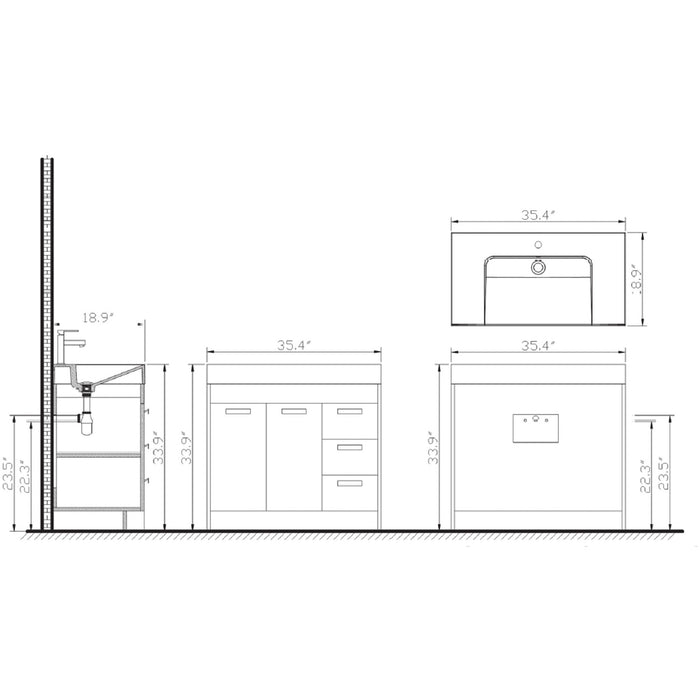 Eviva Lugano 36" Modern Bathroom Vanity with White Integrated Acrylic Sink