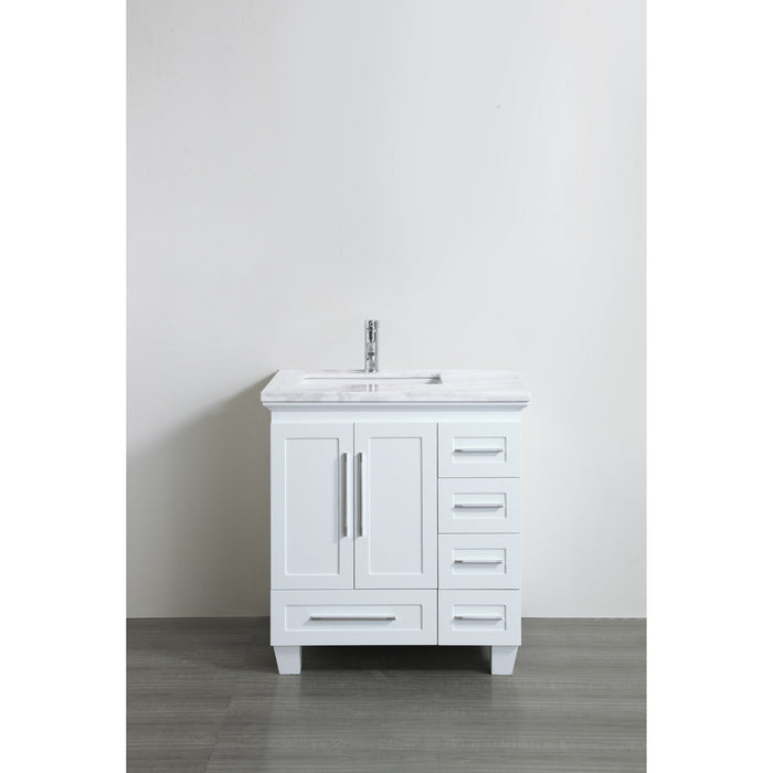 Eviva Loon 30" Long Handles Acclaim Edition Transitional Bathroom Vanity with white carrera marble counter-top