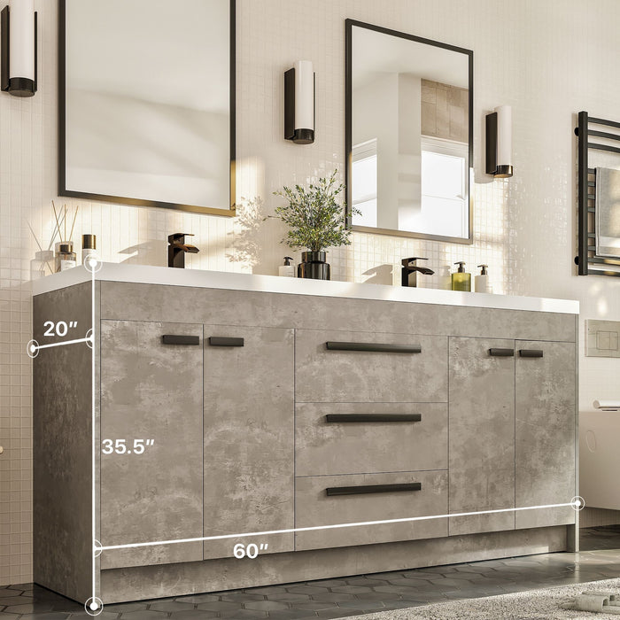 Eviva Lugano 60" Double Sink Modern Bathroom Vanity in Cement Gray, Gray, Rosewood, or White Finish with White Integrated Acrylic Top