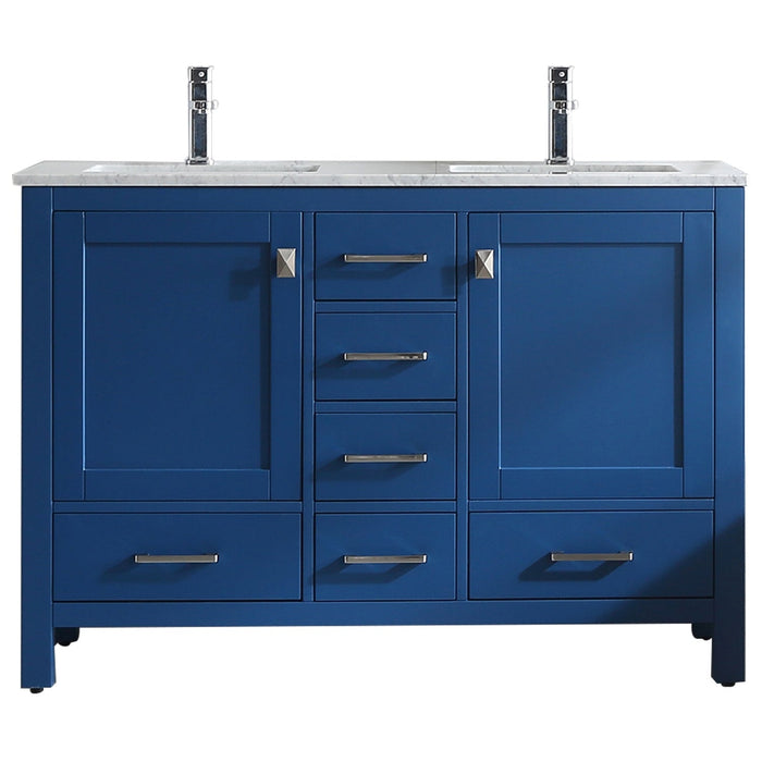 Eviva London 48 x 18" Transitional Double Sink Bathroom Vanity in Blue Finish with White Carrara Marble Countertop and Gold Handles