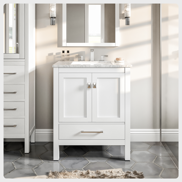 Eviva Aberdeen 30" Transitional Bathroom Vanity in Espresso, Gray or White Finish with White Carrara Marble Countertop and Undermount Porcelain Sink