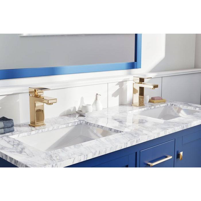 Eviva London 48 x 18" Transitional Double Sink Bathroom Vanity in Blue Finish with White Carrara Marble Countertop and Gold Handles