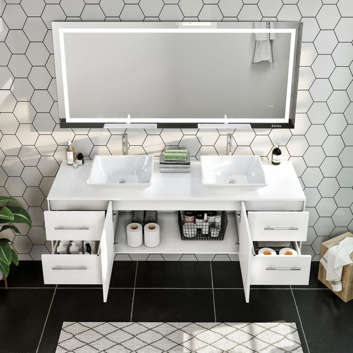 Eviva Totti Wave 60" Modern Double Sink Bathroom Vanity in Espresso, Gray, or White, Finish with Super White Man-Made Stone Countertop & Porcelain Vessel Sinks