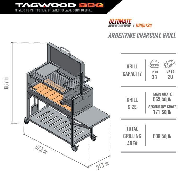 Tagwood BBQ Argentine Santa Maria Wood Fire & Charcoal Grill with Top Lid | BBQ01SS-