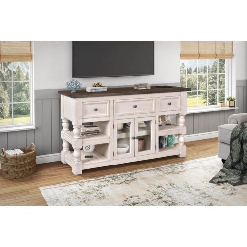 Sunset Trading Rustic French 60" Console | 3 Drawer | 2 Door Media Storage Cabinet | 4 Open Shelves | Distressed White and Brown Solid Wood HH-2750-060