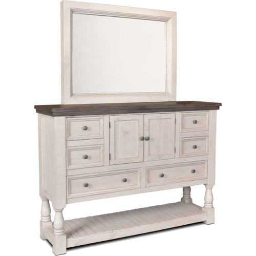 Sunset Trading Rustic French 5 Piece King Bedroom Set | 2 Door 6-Drawer Dresser with Mirror | 3 Drawer Vertical Chest | Panel Bed | Nightstand | Distressed White and Brown Solid Wood HH-4750-15-K5P