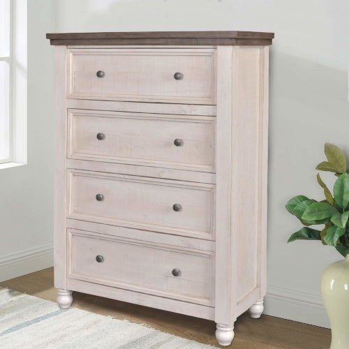 Sunset Trading Rustic French Bedroom Chest | 4 Storage Drawers | Distressed White and Brown Solid Wood | Vertical Dresser HH-4750-330
