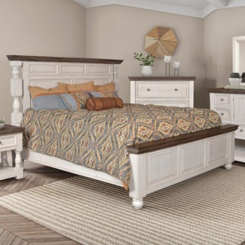 Sunset Trading Rustic French Queen Panel Bed | Distressed White and Brown Solid Wood HH-4750-QB