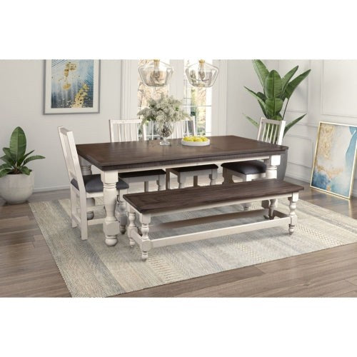 Sunset Trading Rustic French 78" Rectangular Dining Table Set with Bench | 4 Upholstered Chairs | Distressed White and Brown Solid Wood | Kitchen Furniture HH-8750-018-4006P