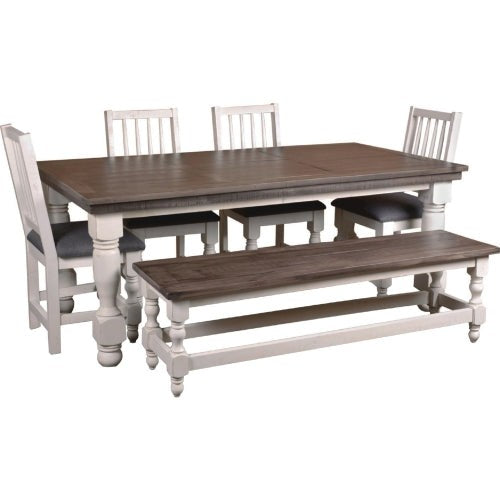 Sunset Trading Rustic French 78" Rectangular Dining Table Set with Bench | 4 Upholstered Chairs | Distressed White and Brown Solid Wood | Kitchen Furniture HH-8750-018-4006P