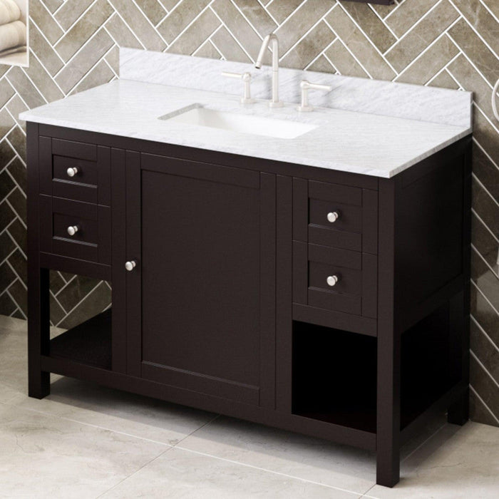 Hardware Resources Jeffrey Alexander Astoria 48" Espresso Freestanding Vanity With White Carrara Marble Vanity Top, Backsplash and Rectangle Undermount Sink