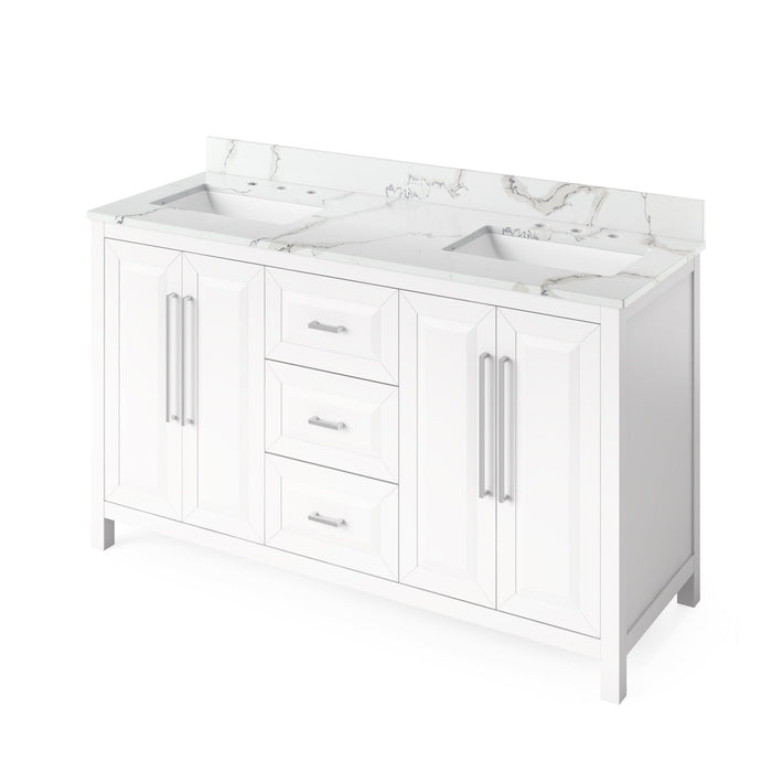 Hardware Resources Jeffrey Alexander Cade Vanities 60" White Freestanding Vanity With Double Bowl, Calacatta Vienna Quartz Vanity Top, Backsplash and Rectangle Undermount Sink