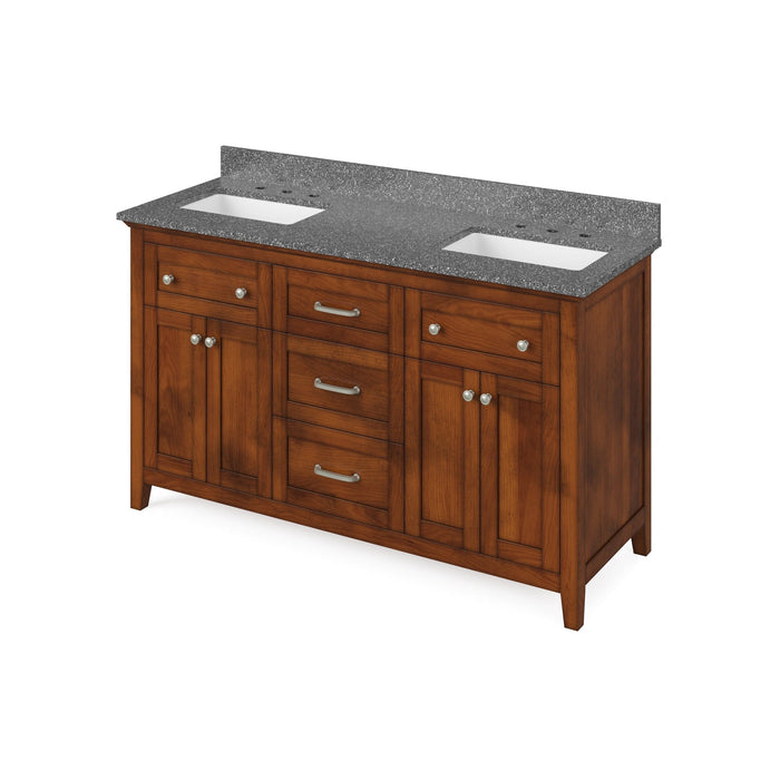 Hardware Resources Jeffrey Alexander Chatham 60" Chocolate Freestanding Vanity With Double Bowl, Boulder Cultured Marble Vanity Top, Backsplash and Rectangle Undermount Sink