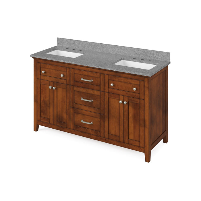 Hardware Resources Jeffrey Alexander Chatham 60" Chocolate Freestanding Vanity With Double Bowl, Steel Gray Cultured Marble Vanity Top, Backsplash and Rectangle Undermount Sink