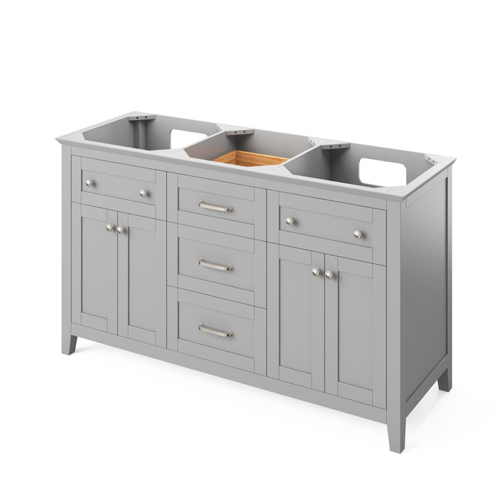 Hardware Resources Jeffrey Alexander Chatham 60" Gray Freestanding Vanity With Double Bowl, Boulder Cultured Marble Vanity Top, Backsplash and Rectangle Undermount Sink