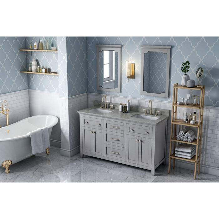 Hardware Resources Jeffrey Alexander Chatham 60" Gray Freestanding Vanity With Double Bowl, Steel Gray Cultured Marble Vanity Top, Backsplash and Rectangle Undermount Sink