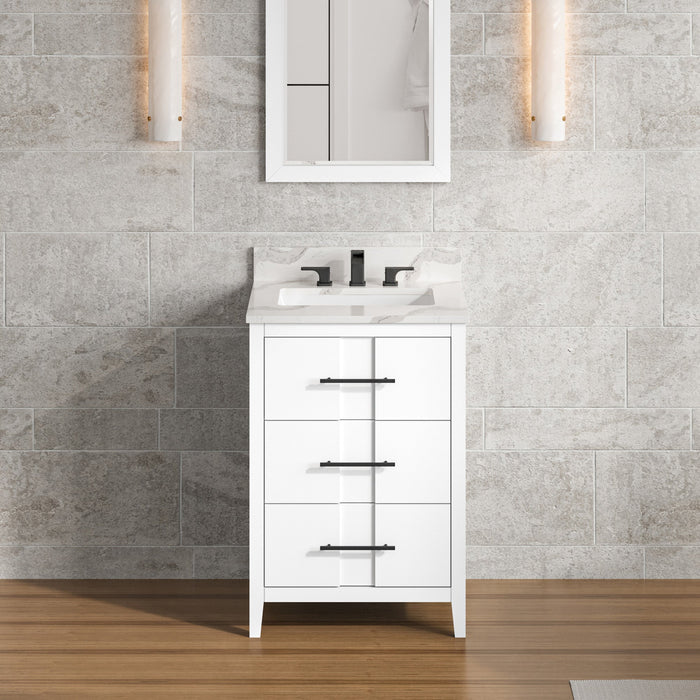 Hardware Resources Jeffrey Alexander Katara 24" White Freestanding Vanity With Calacatta Vienna Quartz Vanity Top, Backsplash and Rectangle Undermount Sink