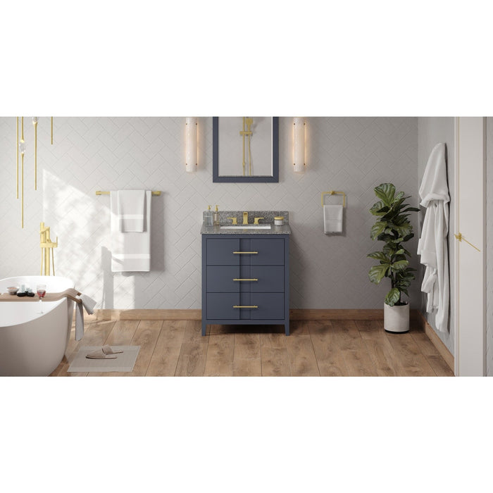 Hardware Resources Jeffrey Alexander Katara 30" Blue Steel Freestanding Vanity With Boulder Cultured Marble Vanity Top, Backsplash and Rectangle Undermount Sink