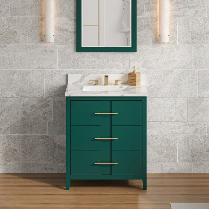 Hardware Resources Jeffrey Alexander Katara 30" Green Freestanding Vanity With Calacatta Vienna Quartz Vanity Top, Backsplash and Rectangle Undermount Sink
