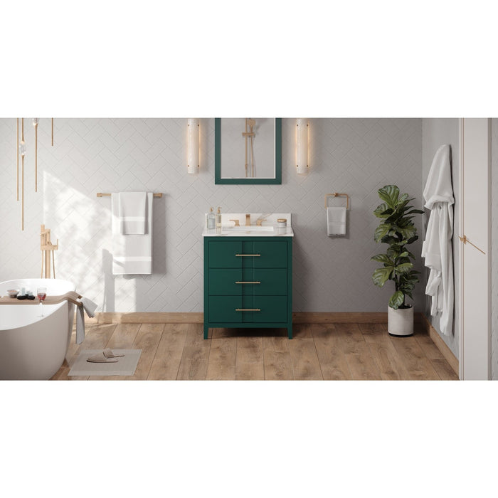 Hardware Resources Jeffrey Alexander Katara 30" Green Freestanding Vanity With Calacatta Vienna Quartz Vanity Top, Backsplash and Rectangle Undermount Sink
