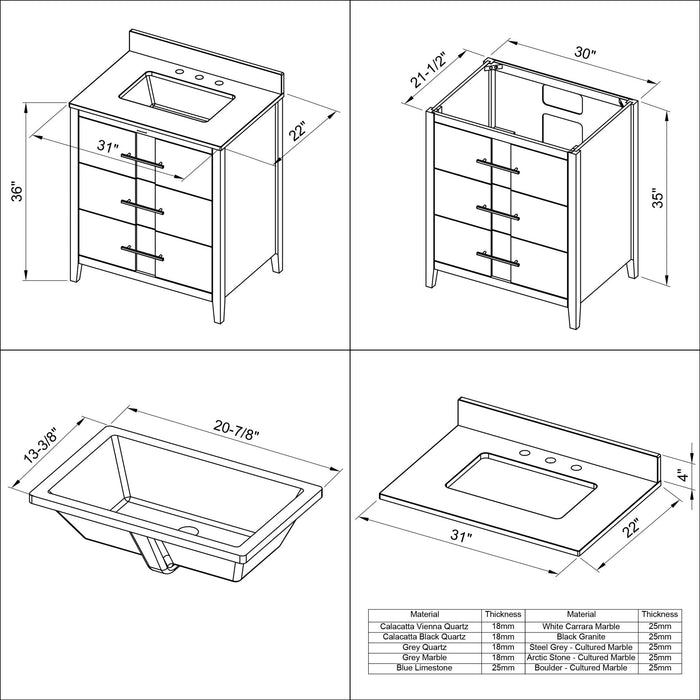 Hardware Resources Jeffrey Alexander Katara 30" Hale Blue Freestanding Vanity With Calacatta Vienna Quartz Vanity Top, Backsplash and Rectangle Undermount Sink