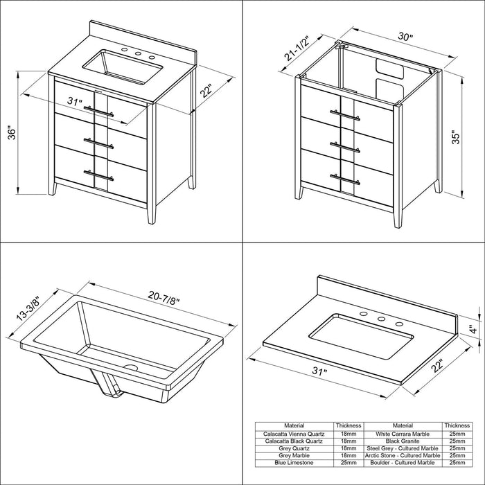 Hardware Resources Jeffrey Alexander Katara 30" White Freestanding Vanity With Black Granite Vanity Top, Backsplash and Rectangle Undermount Sink